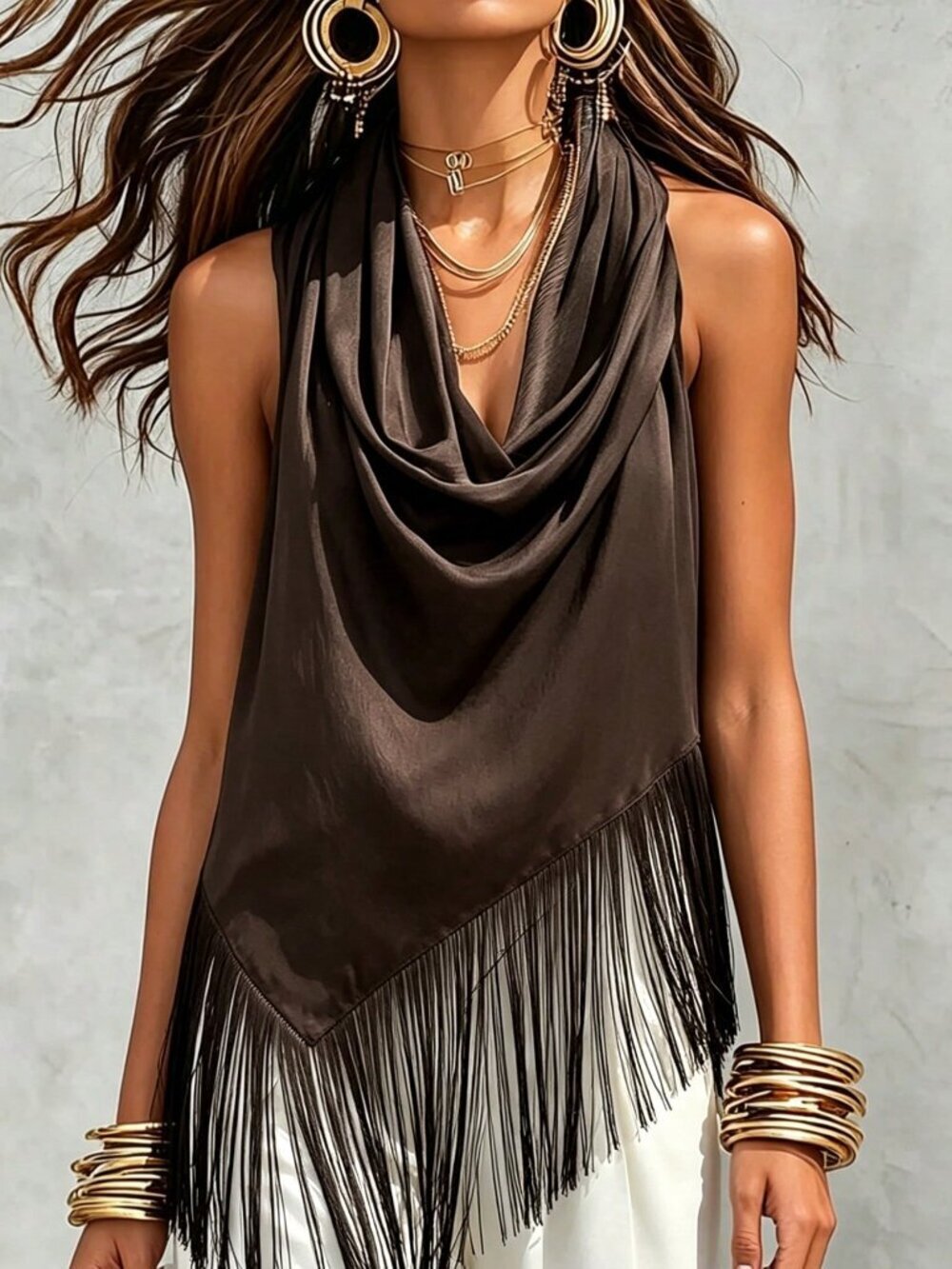 Coffee Brown Casual Women's Asymmetric Cowl Neck Tassel Patchwork Sleeveless Top